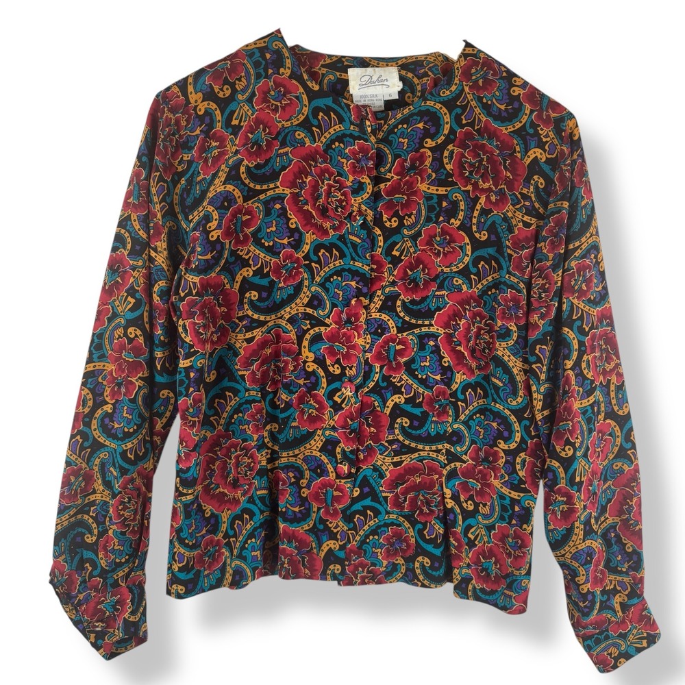 Dahan 100% Silk Top Womens Size 6 Vintage 80s‎ Floral Paisley Boho Career Artsy
